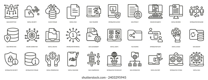 Vectores de información digital ilustración de icono para cifrado de datos, seguridad digital, almacenamiento en la nube, archivos digitales, transferencia de datos, acceso a la información, privacidad de datos, documentos en línea, registros digitales
