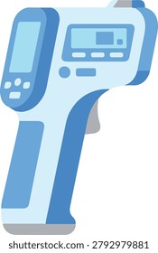 Digital infrared thermometer gun with LCD display, isolated on white background, medical device for temperature measurement.