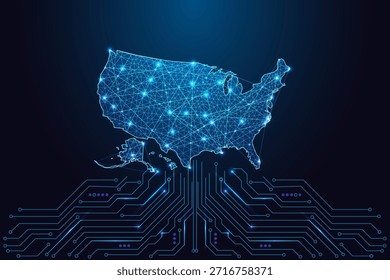 Tema de infraestructura digital, conectividad y redes de datos con el brillante polígono USA mapa sobre placa de circuito. Futurista azul neón de baja Ilustración vectorial de poli. Tecnología, cartografía y redes mundiales