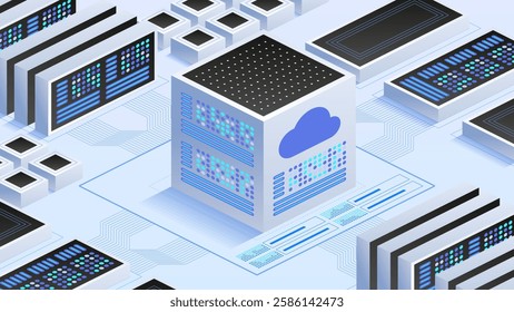 Digital infrastructure featuring cloud storage, virtual networks and advanced IT systems. Designed for scalable computing, secure data handling and innovative technology solutions. Vector illustration