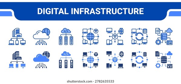 Digital Infrastructure Icon Collection, featuring Digital Infra, Cloud Network, Data Hub, Network, IoT Network, System Sync, Data Flow.