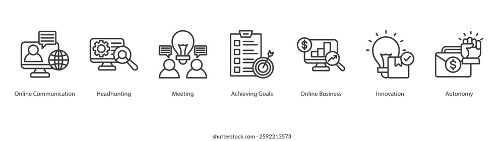 Digital Infrastructure Icon Sheet online communication, headhunting, meeting, achieving goals, online business, innovation, autonomy