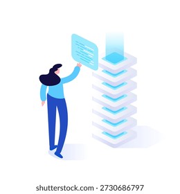 Vetor de ilustração de interação de infraestrutura digital para gerenciamento de dados baseado em IA, computação em nuvem e controle inteligente de sistema em ambientes virtuais e plataformas de desenvolvimento de software
