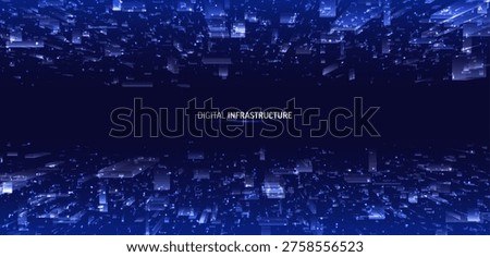 Digital infrastructure scene with glowing cubes. Abstract 3D data landscape, deep perspective grid, cloud server system, futuristic blue technology network background