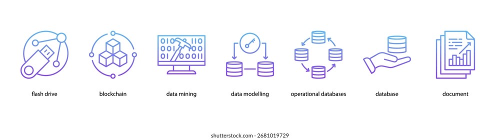 Digital Infrastructure web banner icon vector illustration featuring Flash Drive, Blockchain, Data Mining, Data Modelling, Operational Databases, Database, and Document.