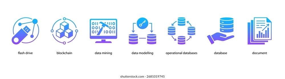 Digital Infrastructure web banner icon vector illustration featuring Flash Drive, Blockchain, Data Mining, Data Modelling, Operational Databases, Database, and Document.