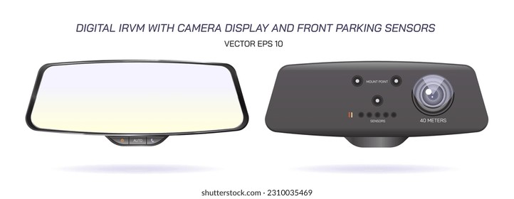 Digital inner Rear view mirror with recording video camera, voice control assistance and front parking sensors vector illustration. Awesome cool car gadgets. Advanced car accessories. Digital IRVM svg