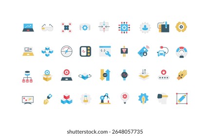Digital innovation and automation with AI, new product development, optimization color icon set. Focus on digitalization and invention in medicine, payment, robot and drone flat vector illustration