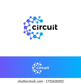 Digital innovation circuit logo. Technological progress logotype. Atomic structure, science laboratory icon. Artificial computational intelligence blue abstract round vector emblem. 