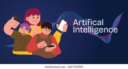 Digital innovation concept featuring a character with smartphone, AI integration, and smart technology visualization. Futuristic automation and science vector design.