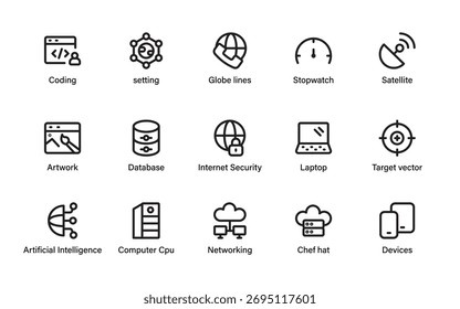 Digital Innovation and Global Network Icons. Minimal icon for depicting computing, data, and artificial intelligence concepts.