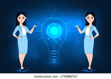 digital innovation and high tech technological abstract. digital intelligence idea technology with two beautiful girls cartoon.
