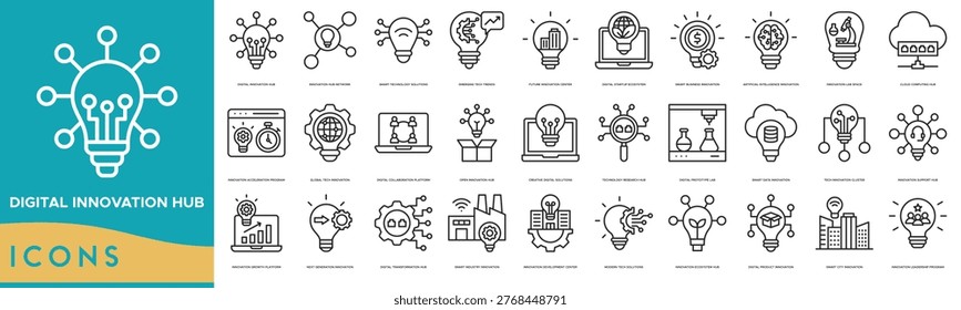 Digital Innovation Hub icon set. Innovation Hub Network, Smart Technology Solutions, Emerging Tech Trends, Future Innovation Center, Digital Startup Ecosystem and Smart Business Innovation