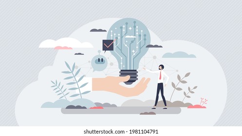 Digital innovation and new technological invention idea tiny person concept. Creative tech startup business development with successful and smart futuristic approach vector illustration. IT scene.