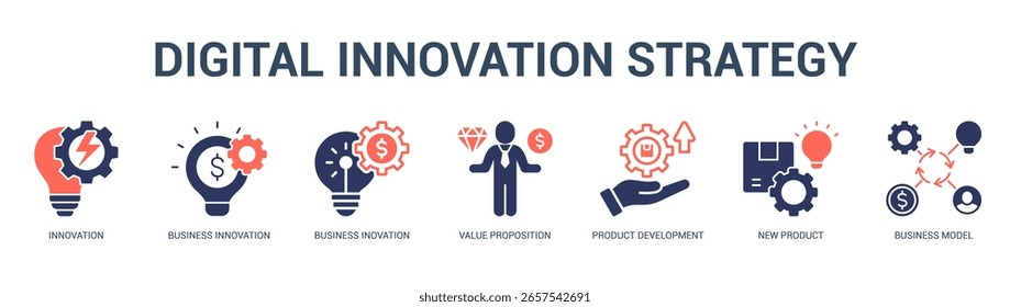 Digitale Innovationsstrategie Moderne und saubere Web-Banner-Illustration mit thematischen Symbolen für visuelle Kommunikation