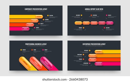 Digital Insight Cuatro Cinco Tres Opciones Diagrama Slideshow Diseño Conjunto de Ilustraciones vectoriales. Rendimiento visual 4 5 3 Colección de diseño de diapositivas de infografía de elementos.