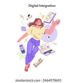 Digital Integration concept. A young woman revels in the ease of modern connectivity, surrounded by gadgets that define digital life. An energetic display of tech harmony. Vector illustration.