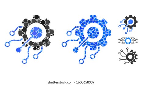 Digital integration gear mosaic of small circles in variable sizes and color tinges, based on digital integration gear icon. Vector random circles are united into blue illustration.