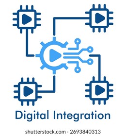 Symbol für digitale Integration im Duotone-Stil. Systemverbindung und umfassende Softwarelösung Glyphe.
