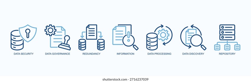 Digital Integrity Icon Set Isolated Vetor Com Ícone De Segurança De Dados, Controle De Dados, Redundância, Informações, Processamento De Dados, Detecção De Dados, Repositório Em Estilo De Contorno De Duas Cores