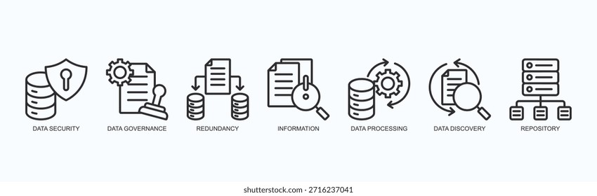 Conjunto De Ícones De Integridade Digital Vetor Isolado Com Ícone De Segurança De Dados, Controle De Dados, Redundância, Informações, Processamento De Dados, Descoberta De Dados, Repositório Em Estilo De Estrutura De Tópicos