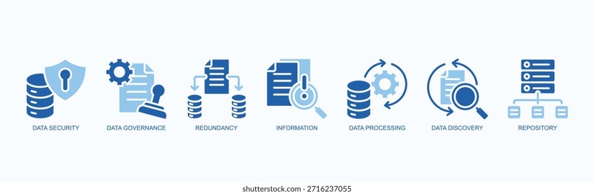 Conjunto De Ícones De Integridade Digital Vetor Isolado Com Ícone De Segurança De Dados, Controle De Dados, Redundância, Informações, Processamento De Dados, Detecção De Dados, Repositório Em Estilo De Glifo De Duas Cores