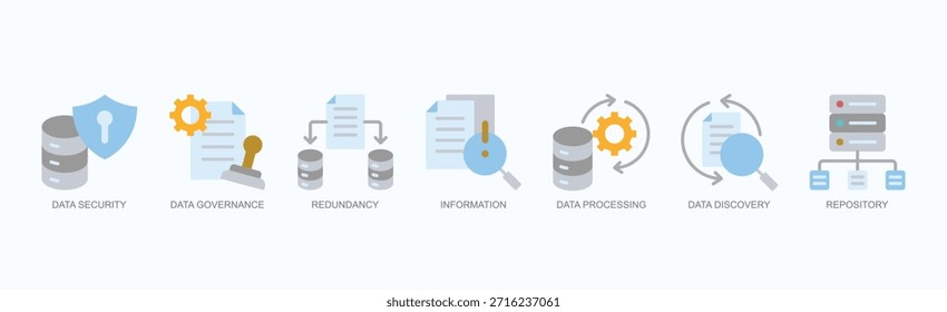 Conjunto De Ícones De Integridade Digital Vetor Isolado Com Ícone De Segurança De Dados, Controle De Dados, Redundância, Informações, Processamento De Dados, Detecção De Dados, Repositório Em Estilo Plano