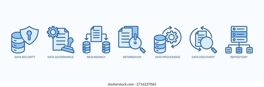 Conjunto De Ícones De Integridade Digital Vetor Isolado Com Ícone De Segurança De Dados, Controle De Dados, Redundância, Informações, Processamento De Dados, Descoberta De Dados, Repositório Em Estilo Azul