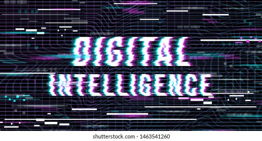  Digital Intelligence inscription in a distorted glitch style on a black background. Design element for event advertising, branding, shares, promotion. Vector illustration.
