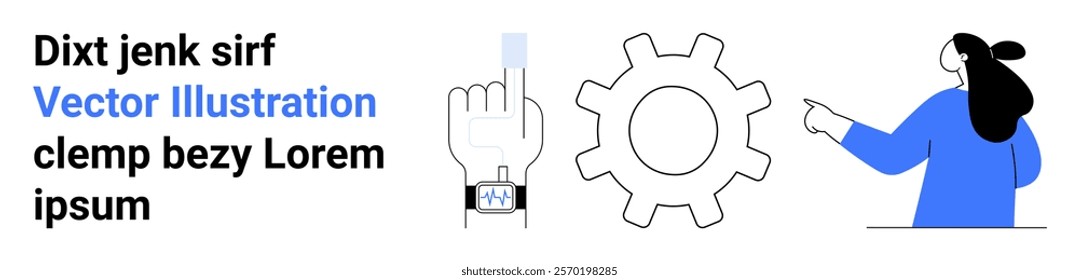 Digital interaction, mechanical cogwheel, and a person pointing at an object. Ideal for technology, education, user interface design, automation, and digital instruction. Banner for landing page