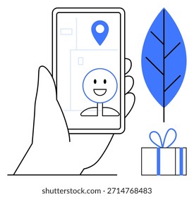Interacción digital, navegación, conciencia ecológica, regalos, compromiso en línea, personalización. Mano que sostiene un smartphone con el icono de la ubicación, la hoja sonriente de la cara y la caja de regalo. Navegación