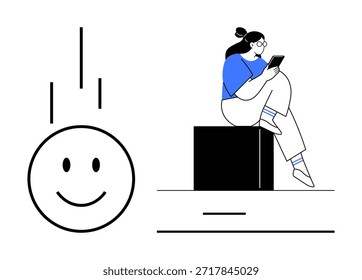 Interação digital, positividade, comunicação on-line, envolvimento do usuário, hábitos tecnológicos, felicidade. Jovem mulher usando um dispositivo, grande rosto feliz por perto. Conceito de interação e positividade digital
