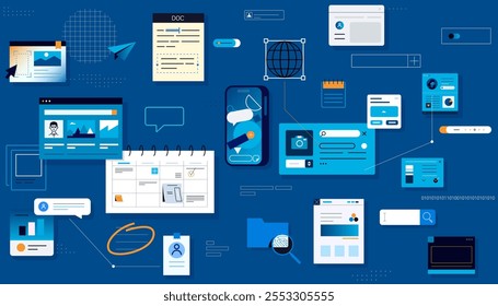 Digital interface connected together; apps, online services and user interfaces.