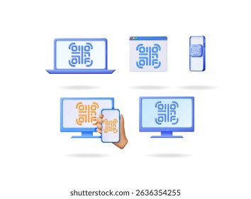 Digital interface design on computer and smartphone. Various devices with stylized icon for responsive web design and tech concept.