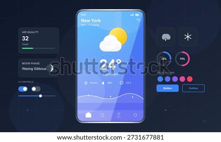 Digital interface display showing weather information for New York City on August 12. Features air quality, temperature, and moon phase indicators along with UI controls.