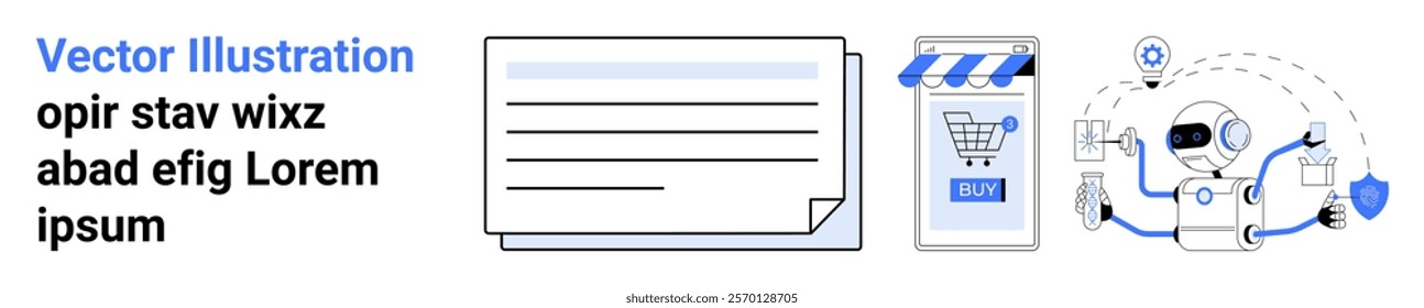 A digital interface displaying a shopping cart, document, and robot assistant with modern design elements. Ideal for online shopping, automation, technology, digital marketing, UI UX design. Banner