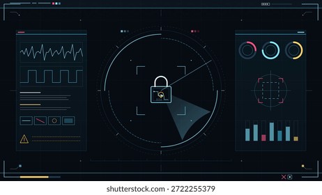 Uma interface digital exibe um cadeado no centro com gráficos e métricas de dados ao seu redor. Os indicadores mostram várias leituras em um layout de alta tecnologia. A cena é definida em um tema escuro.