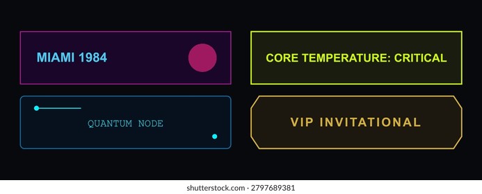 Digital interface displays with retro futuristic themes, including miami 1984, quantum node, vip invitational, and critical core temperature.