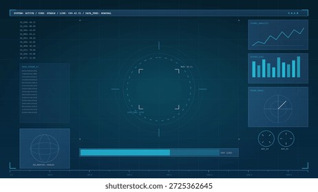 A digital interface displays system metrics including graphs, charts, and data points. The screen shows real-time performance tracking with various visual elements.