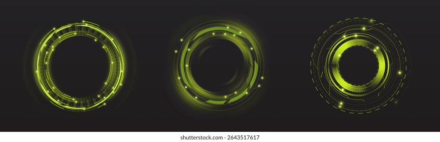 Elementos de interface digital com brilho verde, estilizados para ficção científica. Utilizados no projeto de painéis de controlo, aplicações ou jogos de vídeo.