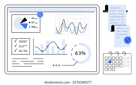 Digital interface with graphs, pie charts, documents, and a calendar. Ideal for finance management, data tracking, business analytics, financial planning, and productivity tools. Clean design style