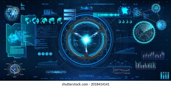 Digital interface HUD in cyberpunk style. Futuristic graphic set. Circle elements, frame, charts, bars and diagrams for gaming, app and web design. Dashboard HUD, GUI, GUI. Graphical interface. Vector