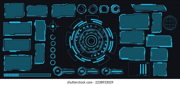 	
digital interface HUD elements set pack. User Interface, frame screens. Callouts titles, FUI circle set, Loading bars. Dashboard reality technology screen. Vector	
