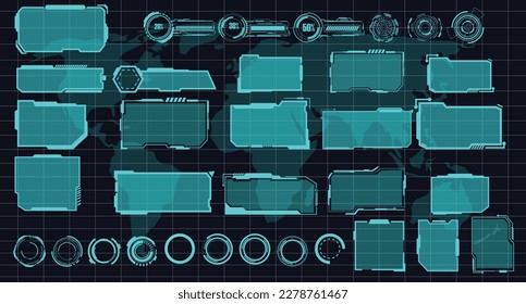 digital interface HUD elements set pack. User Interface, frame screens. Callouts titles, FUI circle set, Loading bars. Dashboard reality technology screen. Vector	
