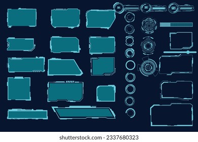 digital interface HUD elements set pack. User Interface, frame screens. Callouts titles, FUI circle set, Loading bars. Dashboard reality technology screen. Vector	
