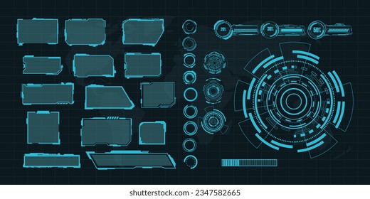 Digital Interface HUD Elemente Set Pack. Benutzeroberfläche, Bildrahmen. Titel der Kallouts, FUI-Kreissatz, Balken werden geladen. Dashboard-Reality-Technologie-Bildschirm. Vektorgrafik	
