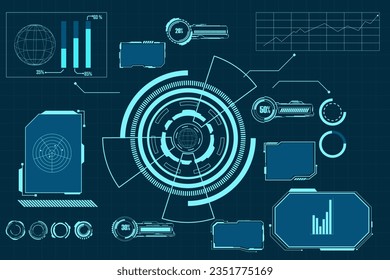 paquete de conjuntos de elementos HUD de interfaz digital. Interfaz de usuario, pantallas de marco. Títulos de llamadas, conjunto de círculos FUI, Barras de carga. Pantalla de tecnología de realidad de tablero. Vector	
