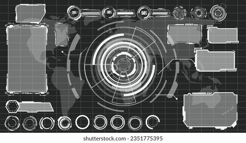 Digital Interface HUD Elemente Set Pack. Benutzeroberfläche, Bildrahmen. Titel der Kallouts, FUI-Kreissatz, Balken werden geladen. Dashboard-Reality-Technologie-Bildschirm. Vektorgrafik	
