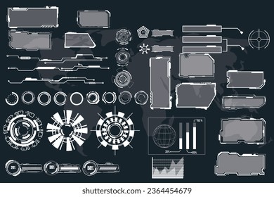 paquete de conjuntos de elementos HUD de interfaz digital. Interfaz de usuario, pantallas de marco. Títulos de llamadas, conjunto de círculos FUI, Barras de carga. Pantalla de tecnología de realidad de tablero. Vector	
