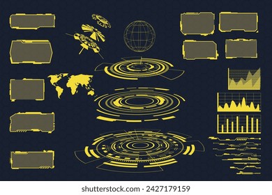 digital interface HUD elements set pack. User Interface, frame screens. Callouts titles, FUI circle set, Loading bars. Dashboard reality technology screen. Vector	
